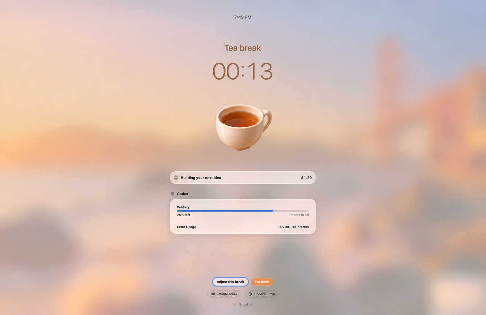 Rest’s fullscreen tea break on a MacBook, with a countdown, tea cup, and generic session details