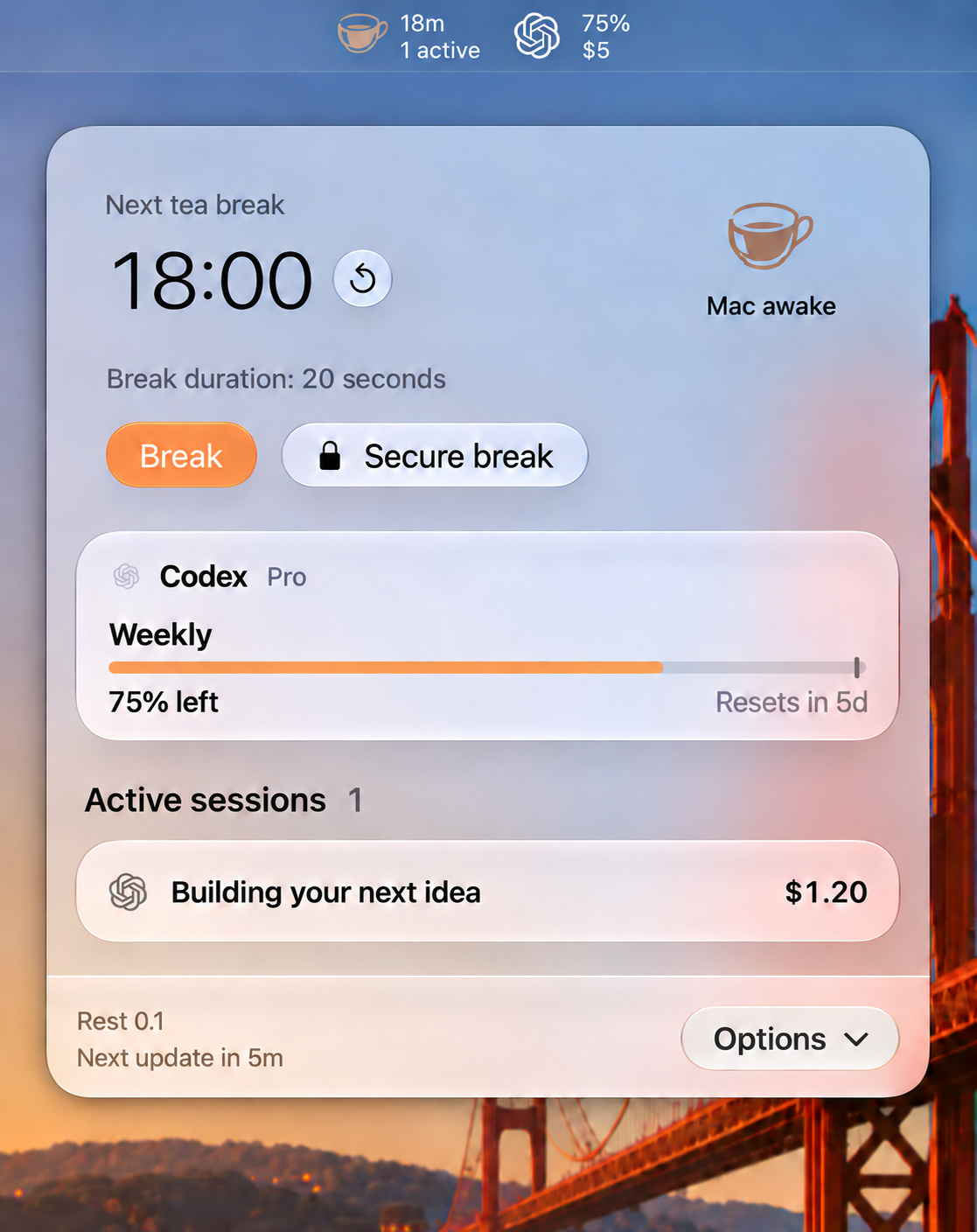 Rest’s menu-bar countdown, active session count, and usage summary above its open tea-themed panel, over a Golden Gate Bridge wallpaper; generic demo content shown